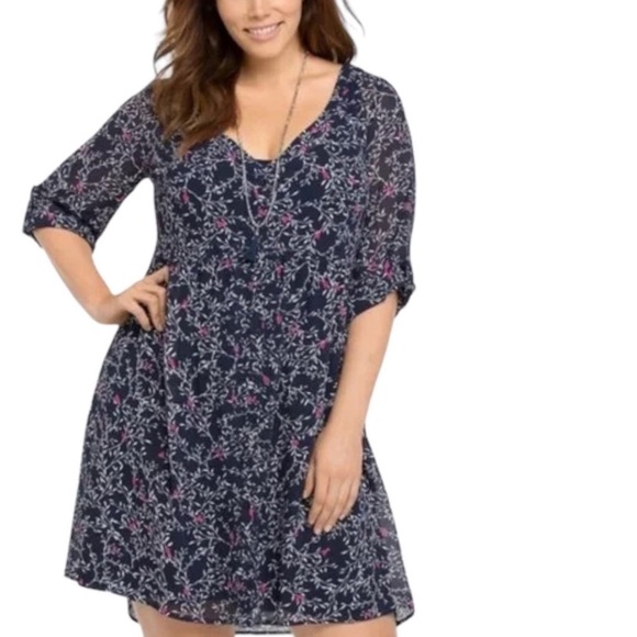 Torrid Bird Print Shirt Dress Chiffon 3/4 Sleeves Tunic Boho Preppy Blue/Pink 6X - Picture 2 of 11